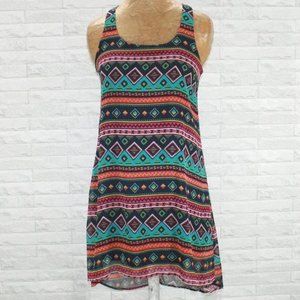BUTTONS Dress Sheer Overlay Trapeze Summer Aztec Striped Swimsuit Coverup Mini S